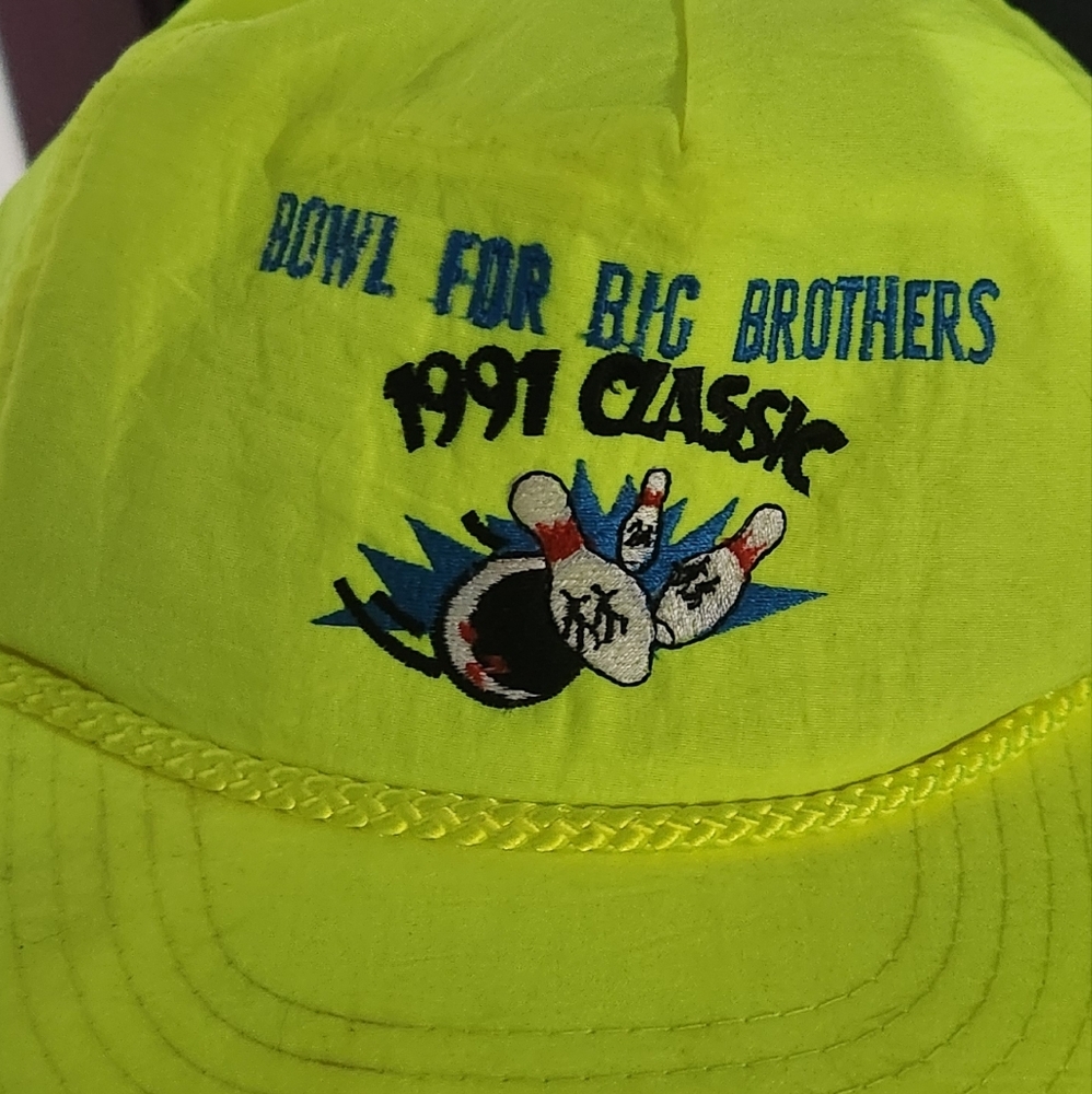Vintage Neon Green Cap with Embroidery Bowling 1980s Trucker Hat